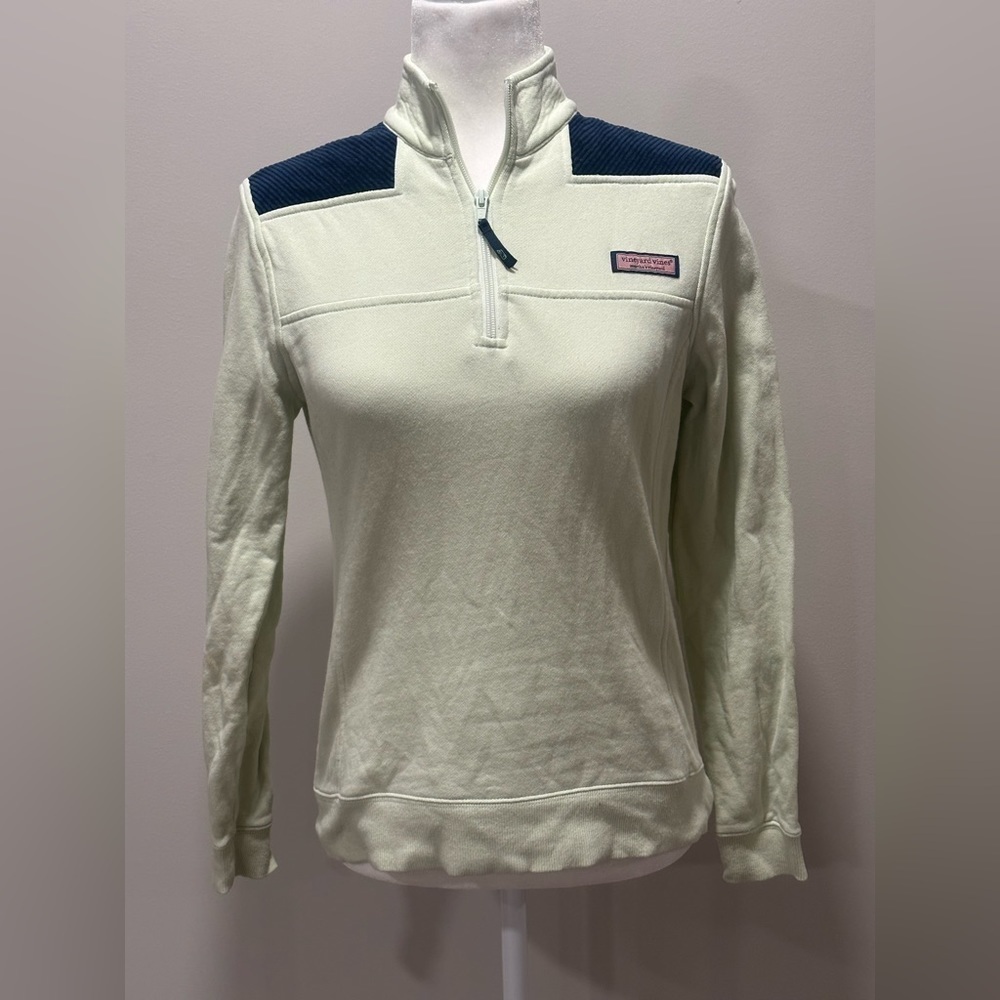 Vineyard Vines Women’s Pullover Green W/Blue Corduroy Shoulder Patches Size XS